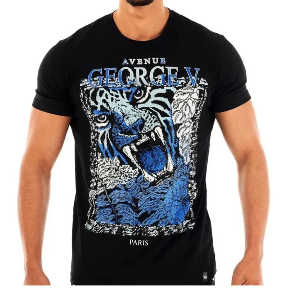 George V - Tiger Black / Blue Tiger Rhinestone Print T-Shirt. Sz: M